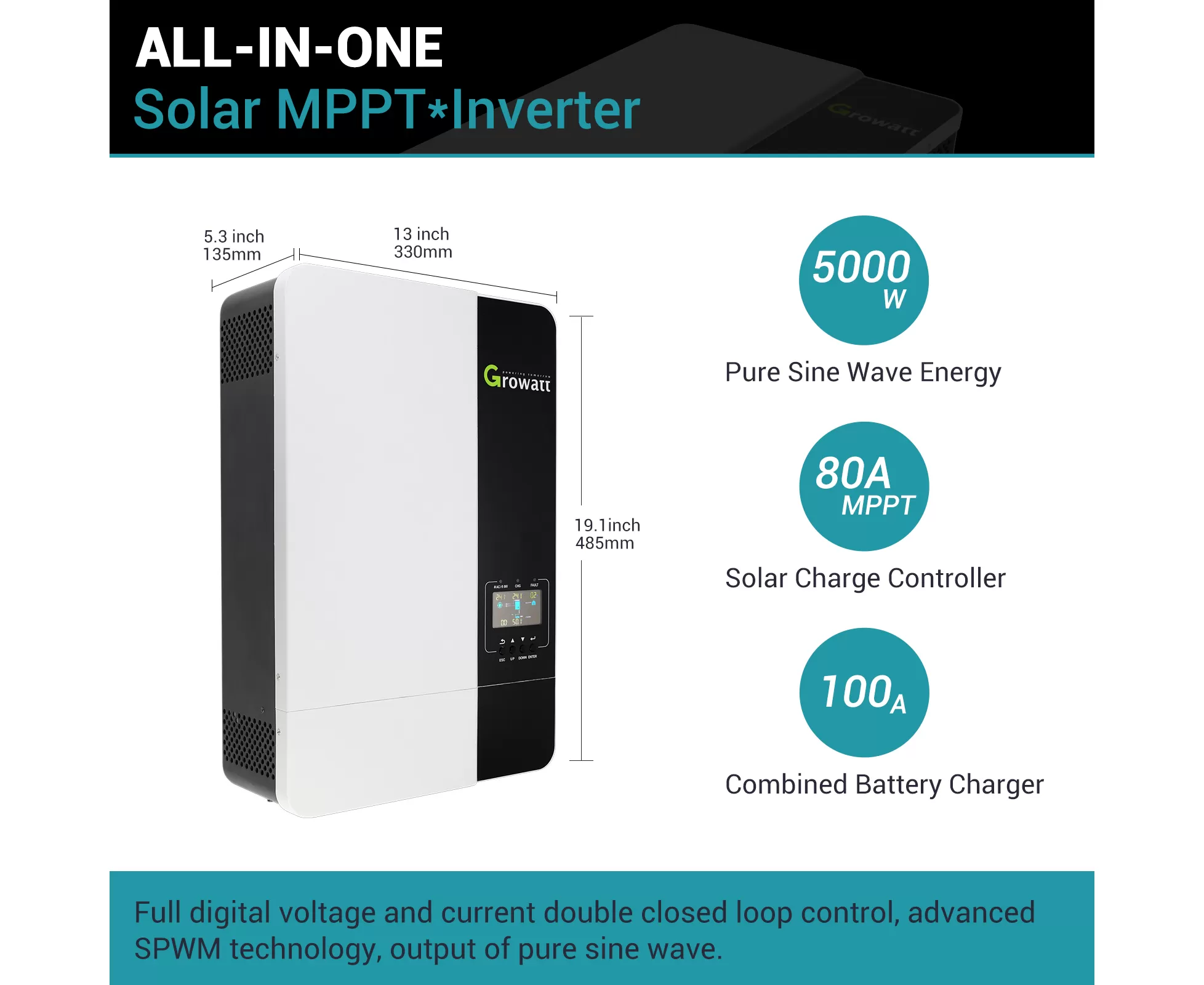 سانورتر 5 کیلووات، 48 ولت، 100 آمپر MPPT برند Growatt مدل SPF 5000 ES
